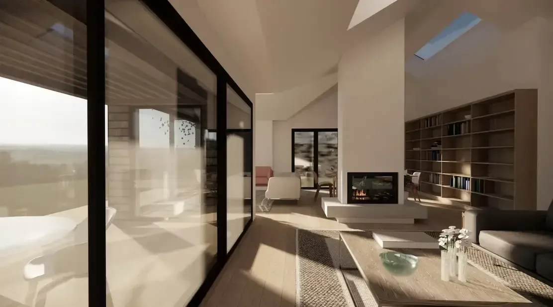 A 3D view of an open-plan living room with a central fireplace, built-in shelving and full-height glazing.