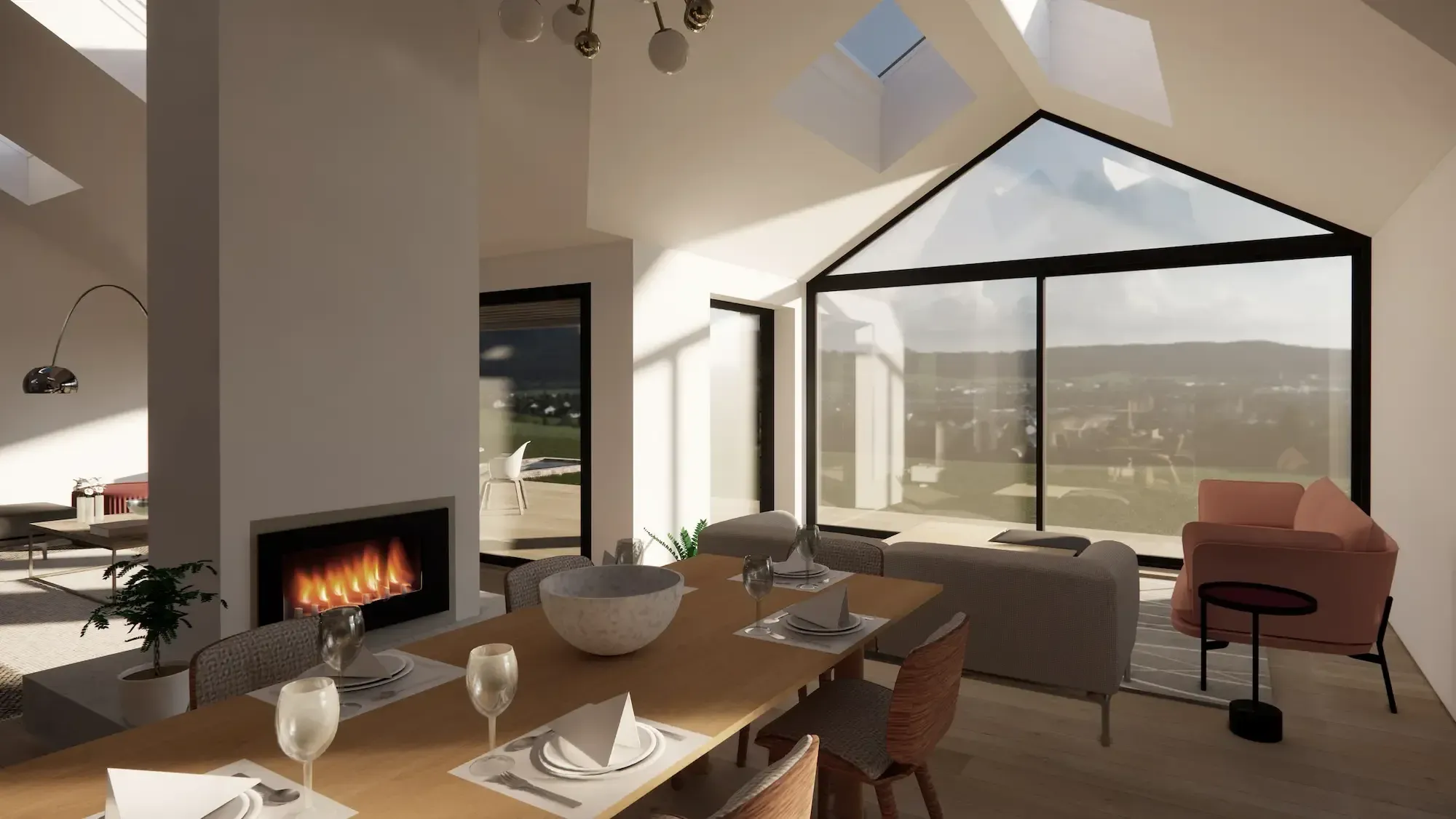 A 3D view of a dining and living room under a vaulted ceiling with rooflights, a fireplace and a tall gable window.