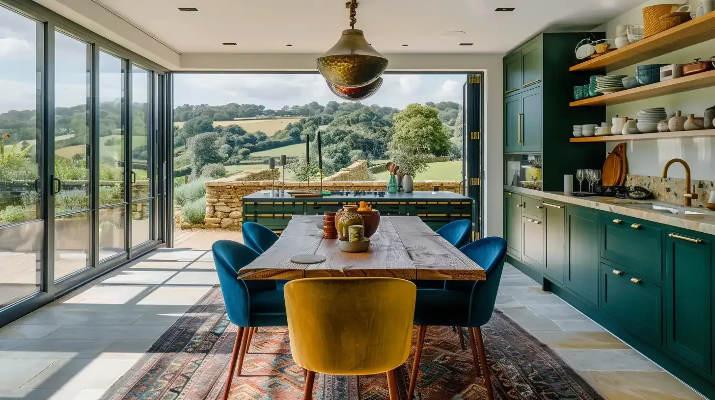 A kitchen and dining room with dark green units, open shelves, velvet chairs in blue and yellow and a patterned rug.