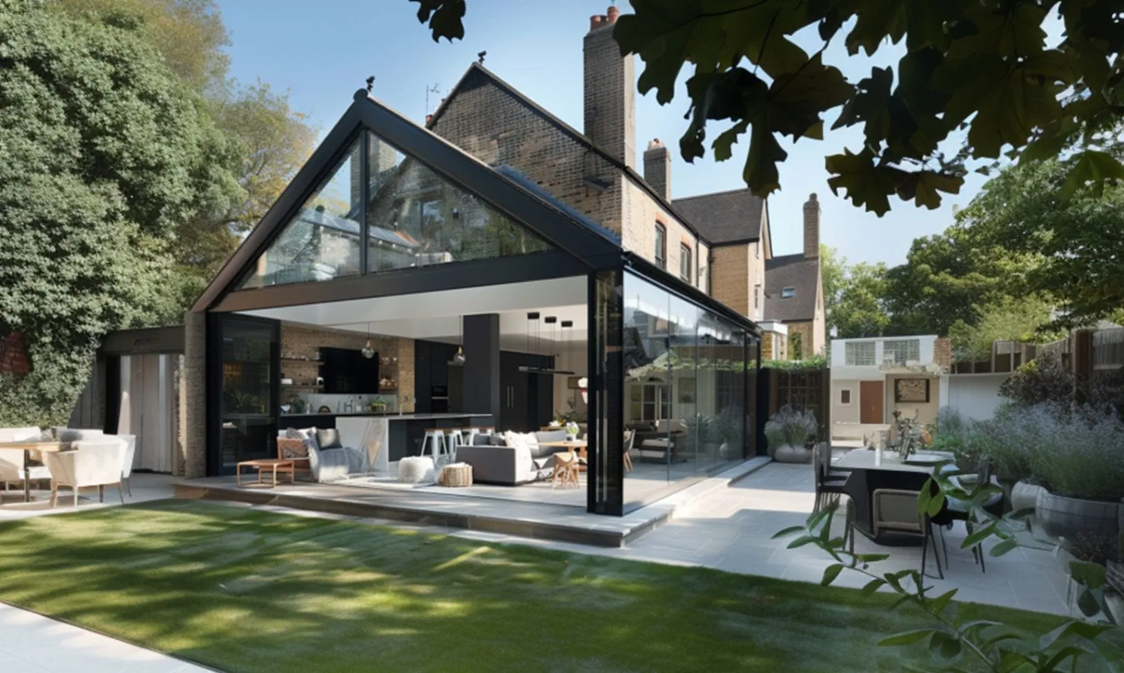 A brick period house with a glazed gable extension opening onto the garden.