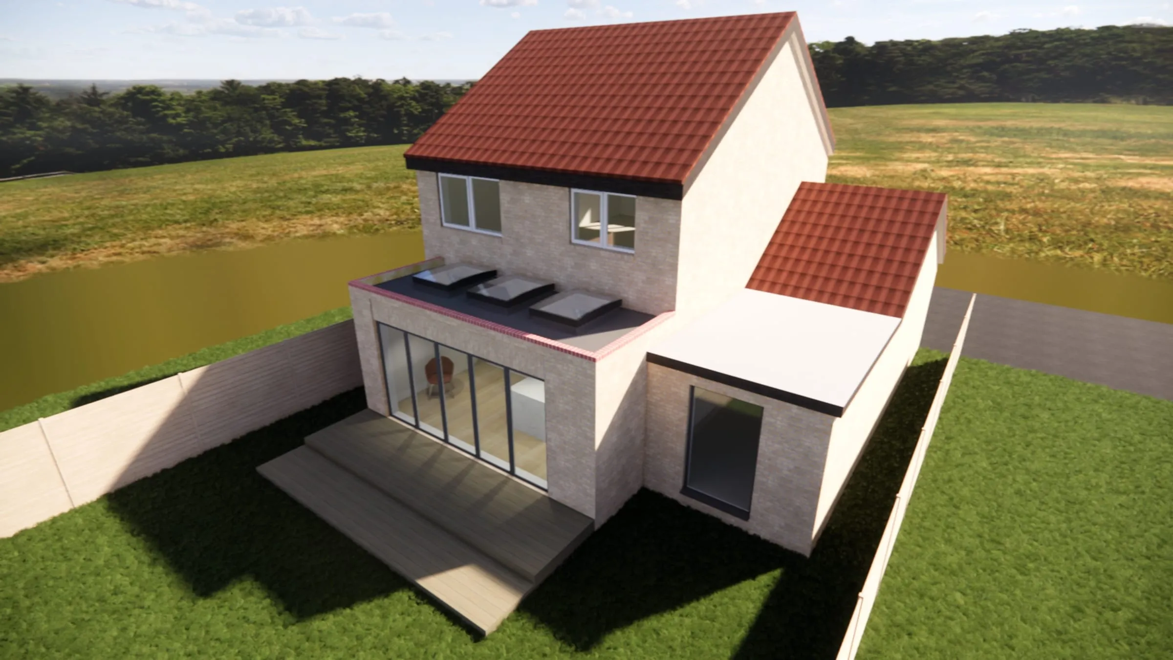 A design visualisation of a wraparound extension to a two-storey brick house, with rooflights and glazed doors to the garden